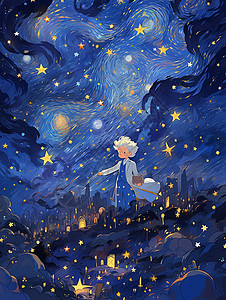 站在蓝色调梦幻星空下手拿着书的卡通小男孩图片