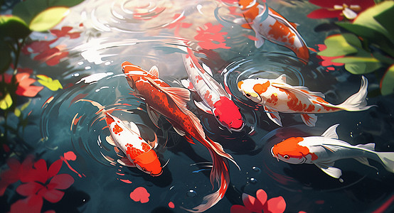 在清澈的湖泊里游泳的卡通锦鲤们图片