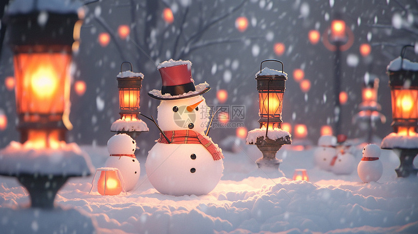 大雪中在路灯旁立体可爱的卡通小雪人图片