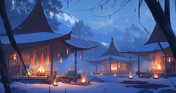 冬天夜晚点燃篝火的古风卡通小屋图片