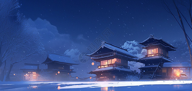 大雪夜晚几座古风卡通建筑亮着温馨的灯图片