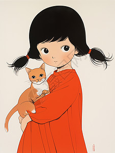 扎两个小辫子抱着橘猫的可爱卡通小女孩图片