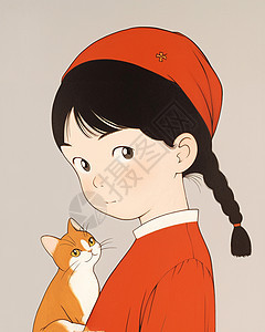 戴着小红帽的可爱卡通小女孩与宠物猫图片