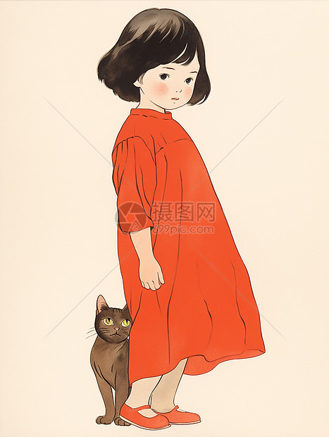穿着红色长裙的可爱卡通小女孩与宠物猫图片