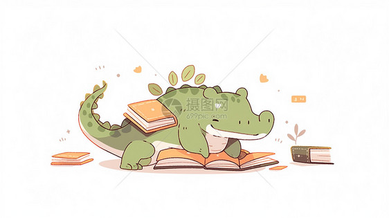 可爱的卡通小恐龙在看书卡通场景图片