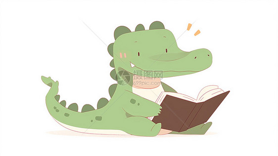 正在认真看书的绿色可爱卡通小恐龙图片