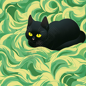 趴在绿色草丛中可爱的卡通小黑猫背景图片