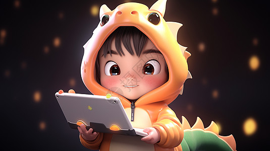 手托着笔记本电脑穿着恐龙玩偶服装微笑的立体可爱卡通小男孩图片