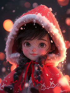 戴着红色帽子冬天夜晚在雪中的漂亮卡通小女孩图片