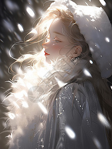 披着银灰色斗篷在下雪夜晚欣赏雪梦幻漂亮的卡通女孩背景图片