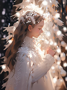 长发小清新卡通女孩穿着白色毛衣在大雪中图片