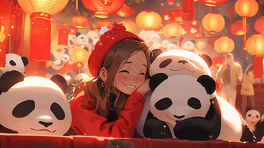 穿着喜与大熊猫一起在花灯节开心笑的卡通女孩图片