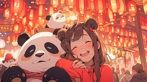 扎丸子头开心笑的卡通小女孩与大熊猫一起过春节图片