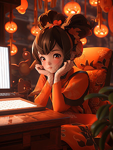 双手托着脸古风装扮的卡通女孩坐在电脑前图片