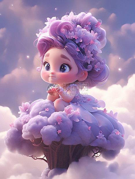 紫色头发可爱的卡通小公主在云朵上图片