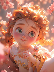 在欣赏花朵的金发卡通小公主背景图片