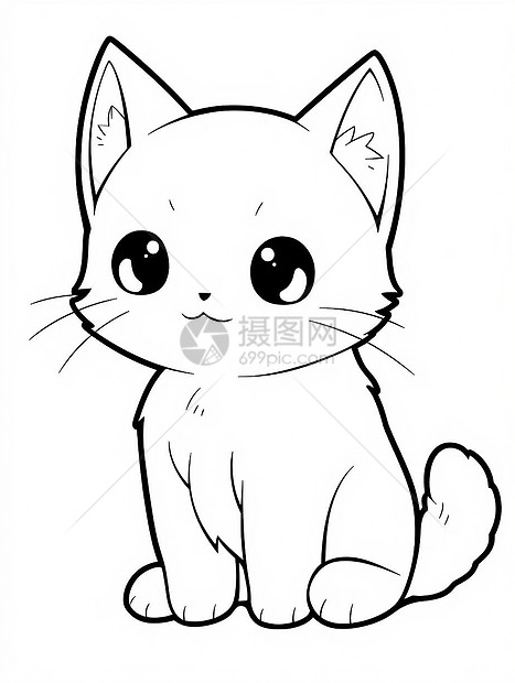 坐着的乖巧可爱卡通小猫黑白线稿图片