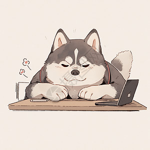 坐在电脑前生气的可爱卡通加班狗图片