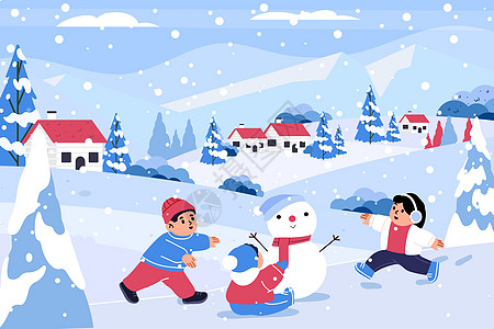 堆雪人大寒冬季小朋友玩雪插画