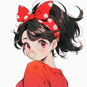 头戴着红色蝴蝶结黑色头发可爱的卡通小女孩图片