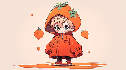 穿着橙色大大的外套西红柿主题可爱的卡通小男孩图片