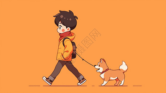 遛狗走路的卡通小男孩背景图片