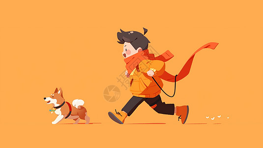 围着红围巾与小狗一起本奔跑的卡通小男孩高清图片