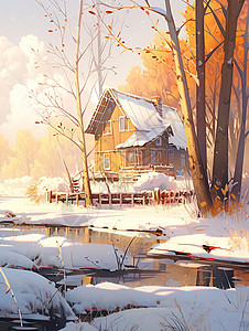 冬日下午温暖的阳光照在森林中一座美丽的卡通小木屋图片