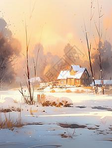 大雪过后森林中一座温馨的卡通小房子图片