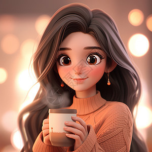 穿着毛衣面带微笑的抱着热咖啡的卡通女孩图片