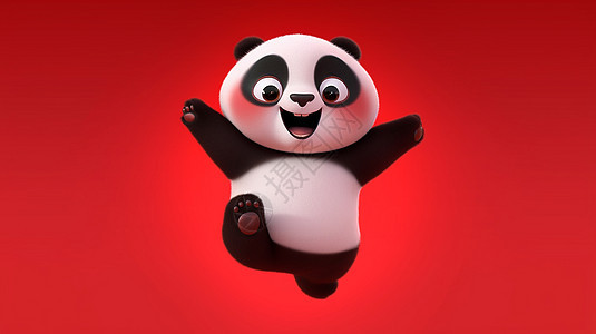 开心跳起毛茸茸的可爱立体卡通大熊猫图片