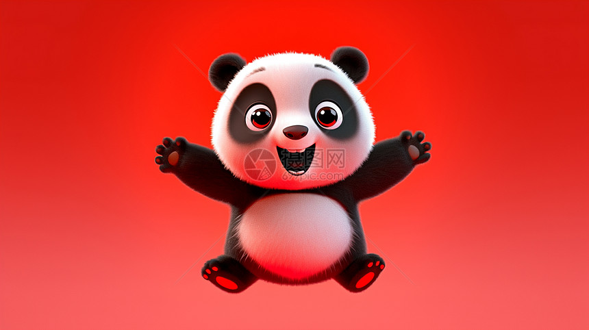在红色背景上立体毛茸茸卡通大熊猫开心跳起图片