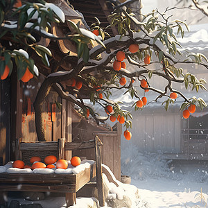 冬天大雪古屋前的卡通老树结满了果实图片