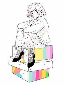 坐在彩虹色箱子上发呆的小清新卡通女孩图片