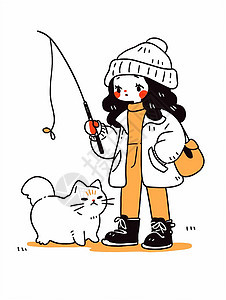 戴着毛线帽手拿钓鱼竿的卡通女孩与宠物猫背景图片