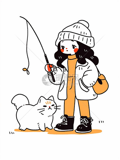 戴着毛线帽手拿钓鱼竿的卡通女孩与宠物猫插画图片下载-正版图片402542120-摄图网
