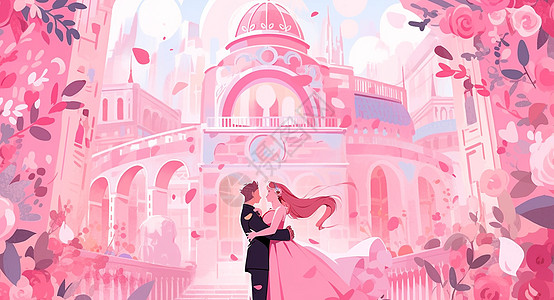 在城堡前互相对视拥抱的甜蜜卡通情侣高清图片