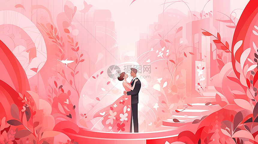 在粉色浪漫的花丛中跳舞的卡通情侣图片