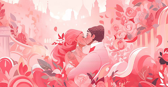 甜蜜亲吻的卡通情侣在粉色花丛中背景图片