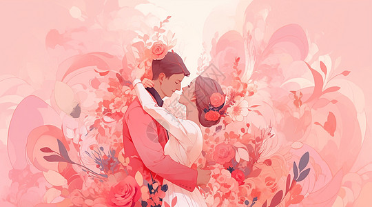 粉色花丛中一对拥抱开心笑的甜蜜卡通情侣图片