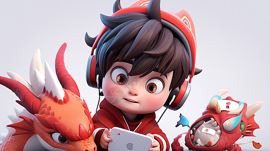 戴着红色耳麦与龙一起玩手机的卡通小男孩图片