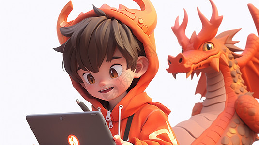 与可爱的卡通男孩一起看平板电脑的立体卡通橙色龙图片