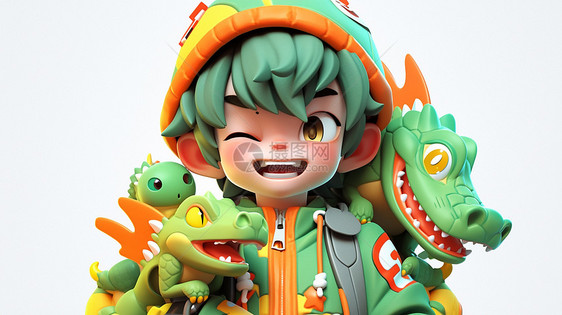 穿着绿色时尚外套与龙玩偶一起开心笑的卡通小男孩图片