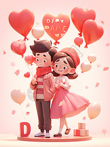 手拿着爱心气球开心笑的甜蜜卡通情侣背景图片