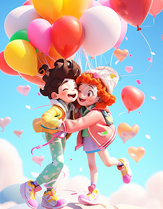 在云朵上相拥手拿气球开心笑的卡通情侣图片
