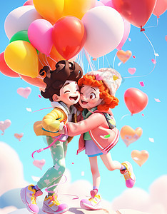 在云朵上相拥手拿气球开心笑的卡通情侣背景图片