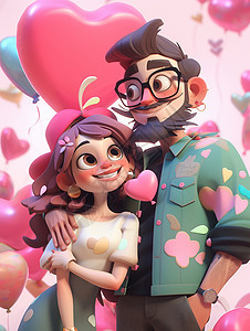 被很多粉色红爱心气球围绕的甜蜜卡通情侣图片