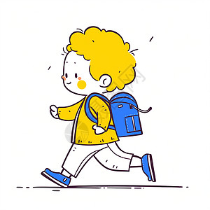 背着蓝色书包黄色头发可爱卡通小男孩在走路高清图片