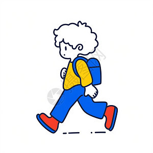 背着蓝色书包大步走路的卡通小男孩背景图片
