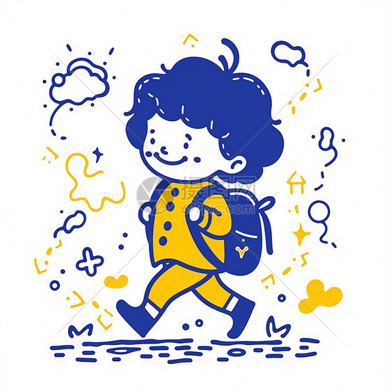 穿着黄色衣服背着书包开心上学的卡通小男孩图片